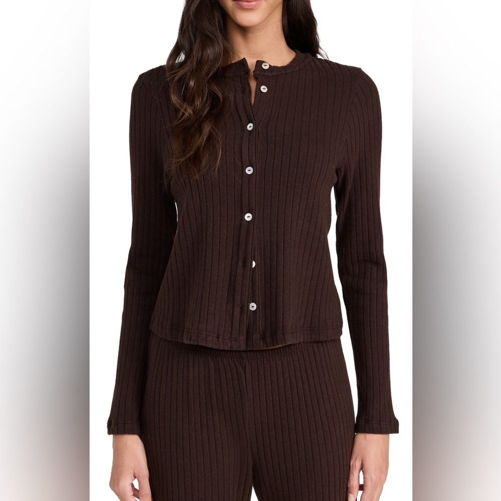 DONNI. Ribbed Crewneck Cardigan in Brown